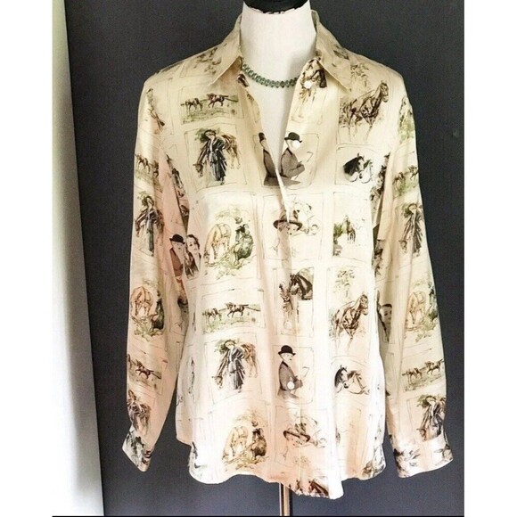 Vintage Ishyu Shirt Womens 12 Cream Silk Equestrian Horse Print Button Front 90s - Picture 1 of 15